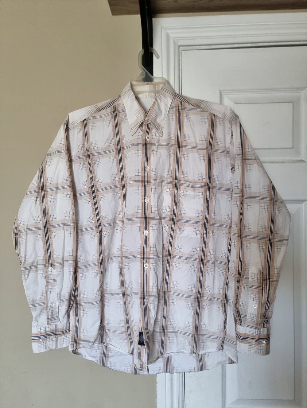 Burberry London Plaid Button-Up Mens Shirt in Cream and Tan Size M